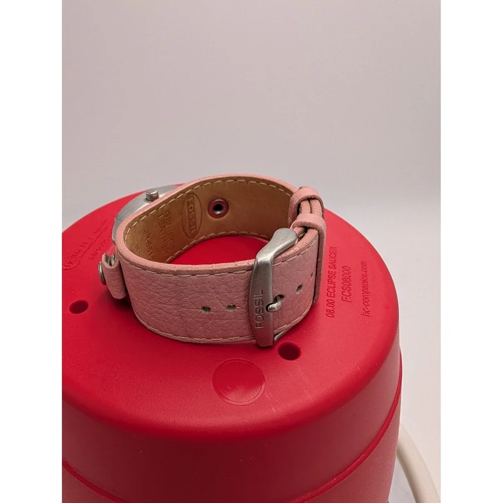 Fossil JR-8610 Pink Leather Cuff Watch Silver Rectangular NEW BATTERY